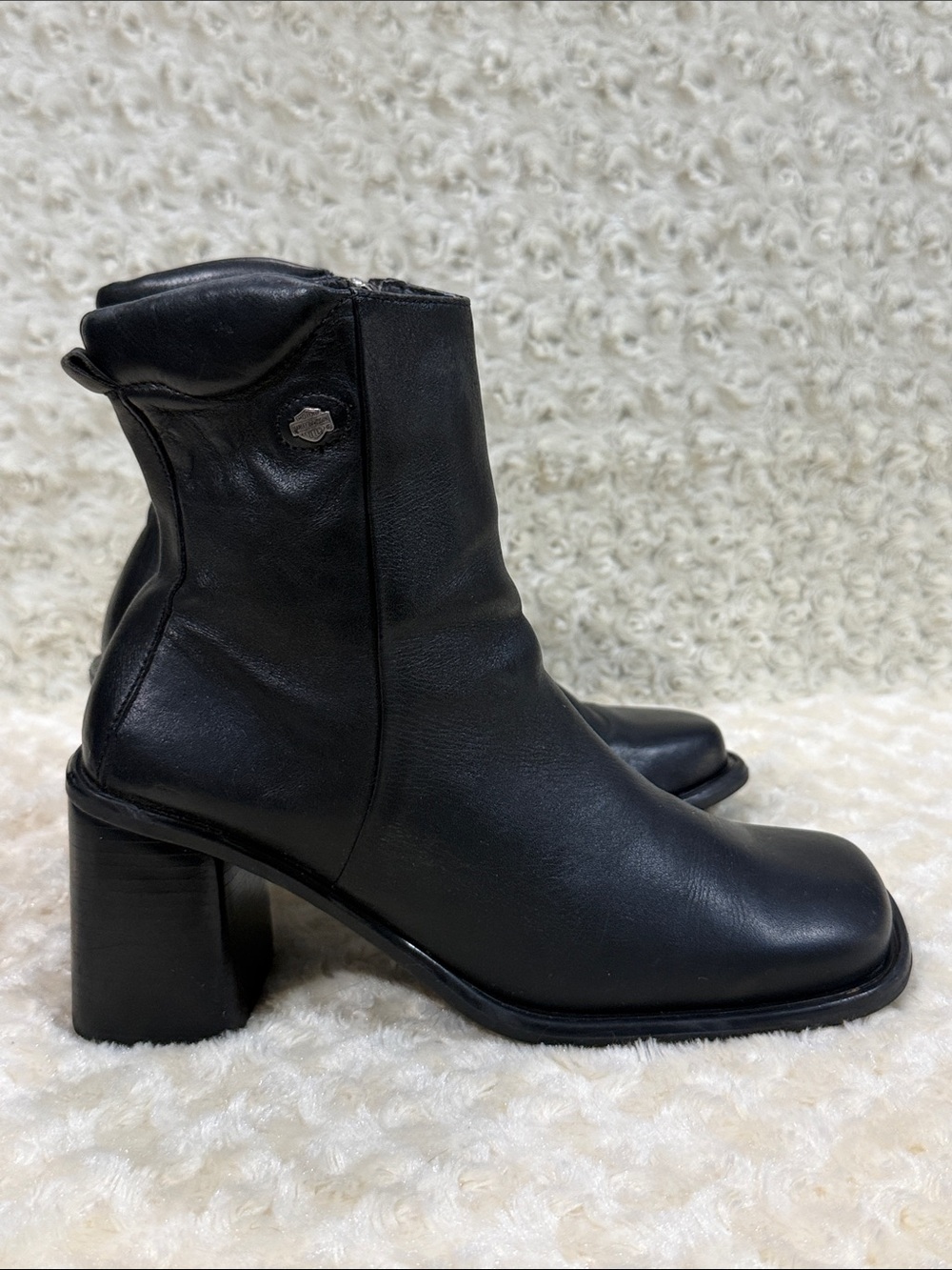 Harley Davidson Black Leather Women's Ankle Boots, Side Zip, sz 8.5
